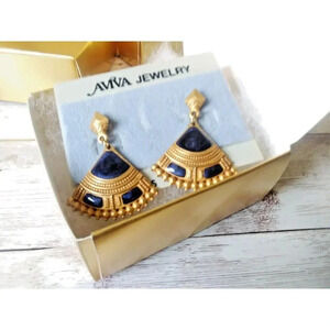 Original Card Gold and Blue Fan 1980s Vintage Enamel Dangle Earrings